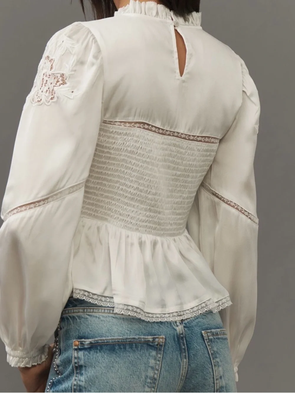 Anthropologie White Smocked Peplum Blouse with Lace Insets